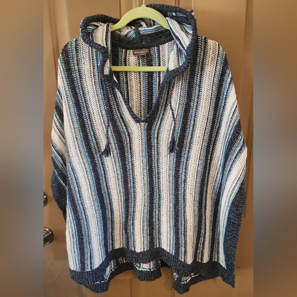Gorgeous  Eddie Bauer Hooded Poncho Sz XS SM Blue Navy White